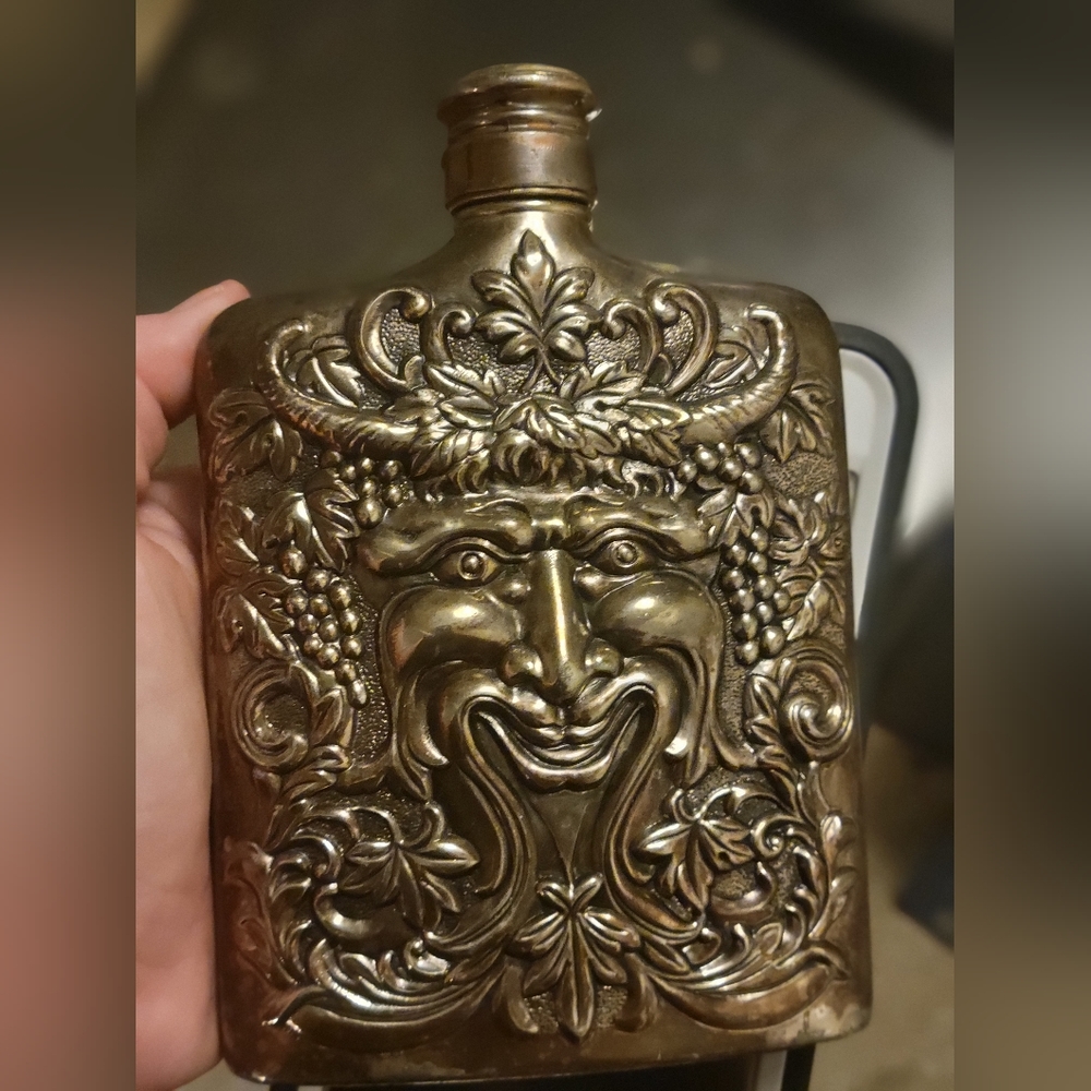 SOLD- 1983 Godinger Bacchus Demon Plated Silver Hip Flask, Whiskey Flask Silver